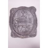 A lead fire plaque marked X st B, 1794, 9½" x 11"
