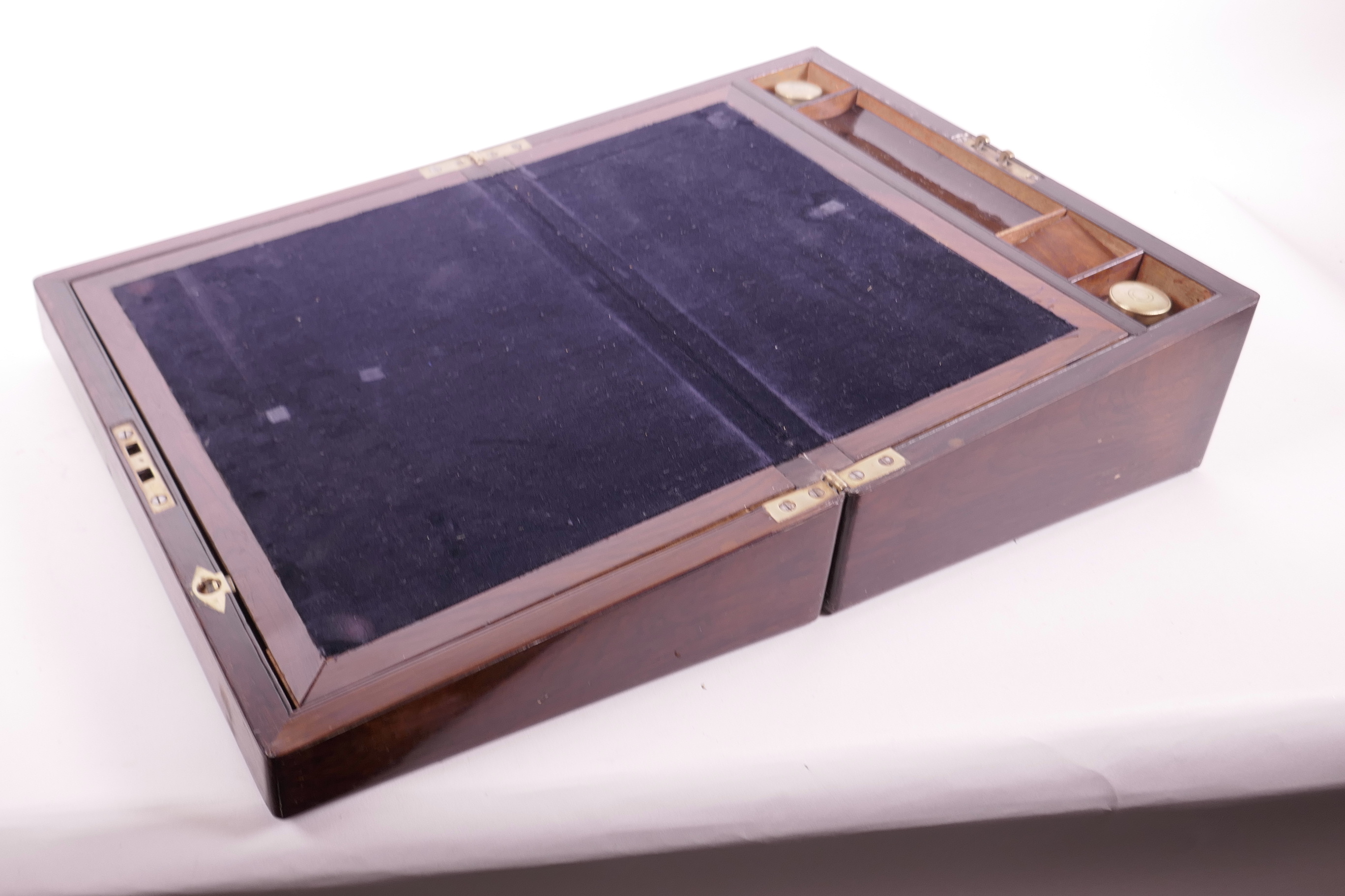 A C19th rosewood writing slope, with mother of pearl plaque to lid, the fitted interior with two - Image 6 of 7