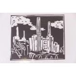 R Deacon, linocut, Battersea Power Station, artist's proof, signed, 11" x 15"