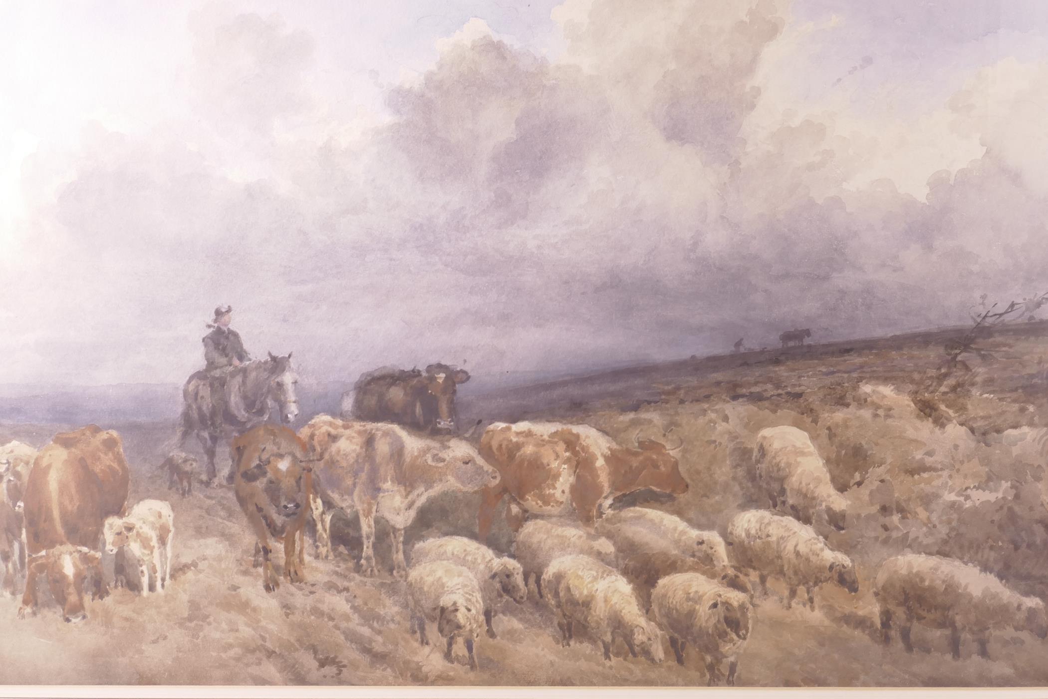 A good watercolour of a drover with his cattle and sheep on a moorland, 23½" x 18" - Image 2 of 2