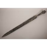 A Chinese archaic style bronze Jian sword, indistinct character inscriptions to blade, 28" long
