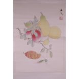 A Chinese watercolour scroll depicting a collection of fruit and a mantis, 12½" x 18"