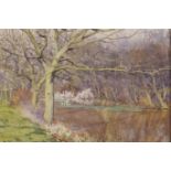 James Paterson, signed watercolour river landscape in spring, 10½" x 7½"