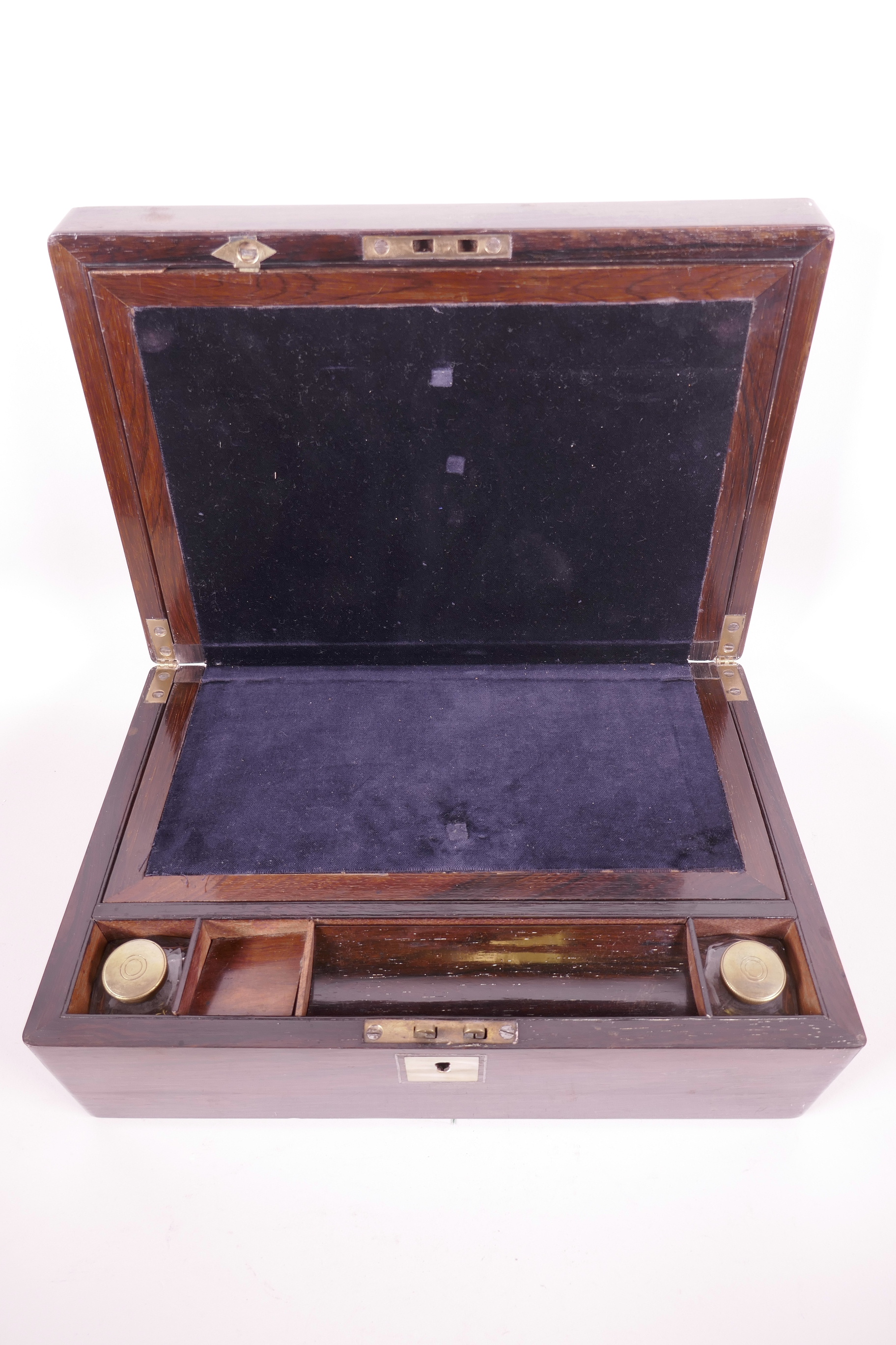 A C19th rosewood writing slope, with mother of pearl plaque to lid, the fitted interior with two - Image 3 of 7