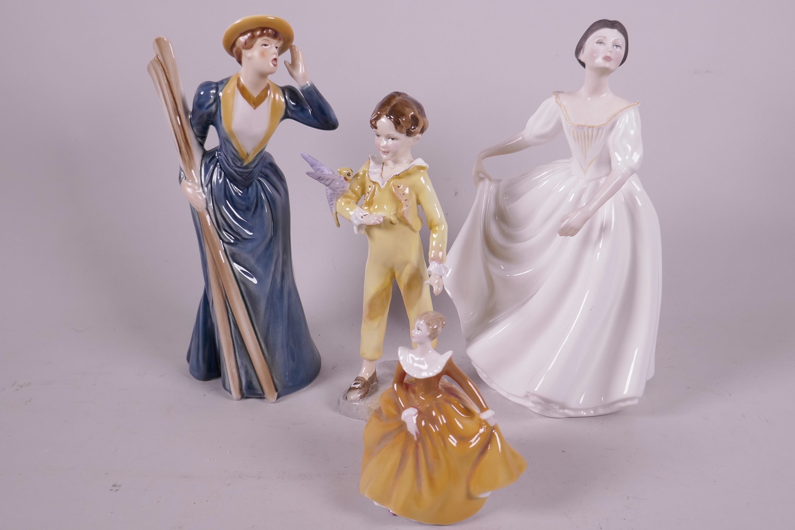 Four porcelain figurines, Goebel lady with oars, 'River Ouling 1889', Royal Worcester 'The Parakeet'