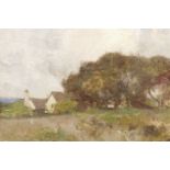 Adam E. Proctor, oil on panel, dwellings in a rural landscape, inscribed and stamped verso, 10" x