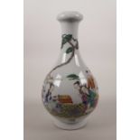 A Chinese famille verte enamelled porcelain garlic head vase, decorated with women in a garden, 6