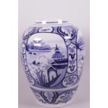 A large Delft blue and white porcelain baluster vase with Chinoiserie decoration, 11½" high