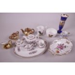 A quantity of miniature china wares including Wedgwood, dolls, tea service on tray etc