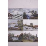 Six small oil paintings on milk glass, landscape and seascape scenes, 4" x 3"