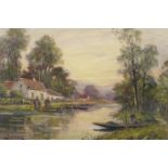 Eugene Demester, signed oil on canvas, river scnen at sunset with boatman, 14" x 10½"