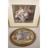 Two framed watercolours, flowers in a vase signed Ethel Angell(?), and study of fruit and flowers by