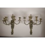 A pair of C19th French four branch brass candelabra, one sconce A/F