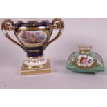 A hand painted porcelain perfume bottle of compressed square section (no stopper), and a classical