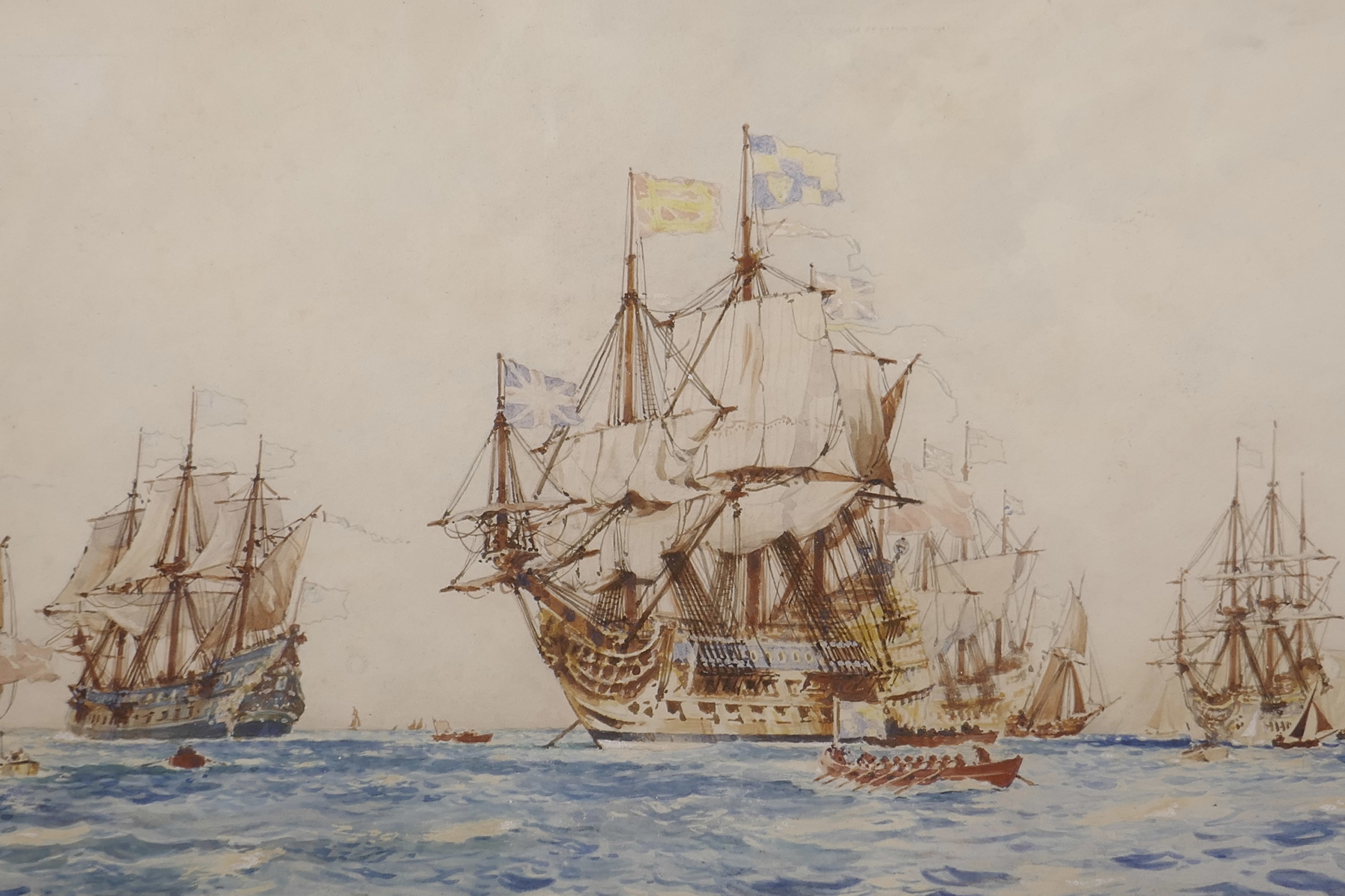 A maplewood framed watercolour, English man-o-war and other shipping off the coast, indistinctly