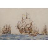 A maplewood framed watercolour, English man-o-war and other shipping off the coast, indistinctly