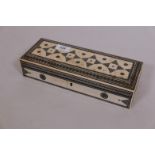 An Anglo-Indian Vizagapatam, sandalwood and ivory glove box with sadeli decoration, minor losses,