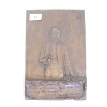 A bronze plaque with decoration of a gentleman raising a toast to women, 11" x 7"