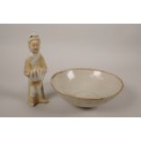 A Chinese Song style celadon glaze bowl, together with a Song style figure, 6" diameter