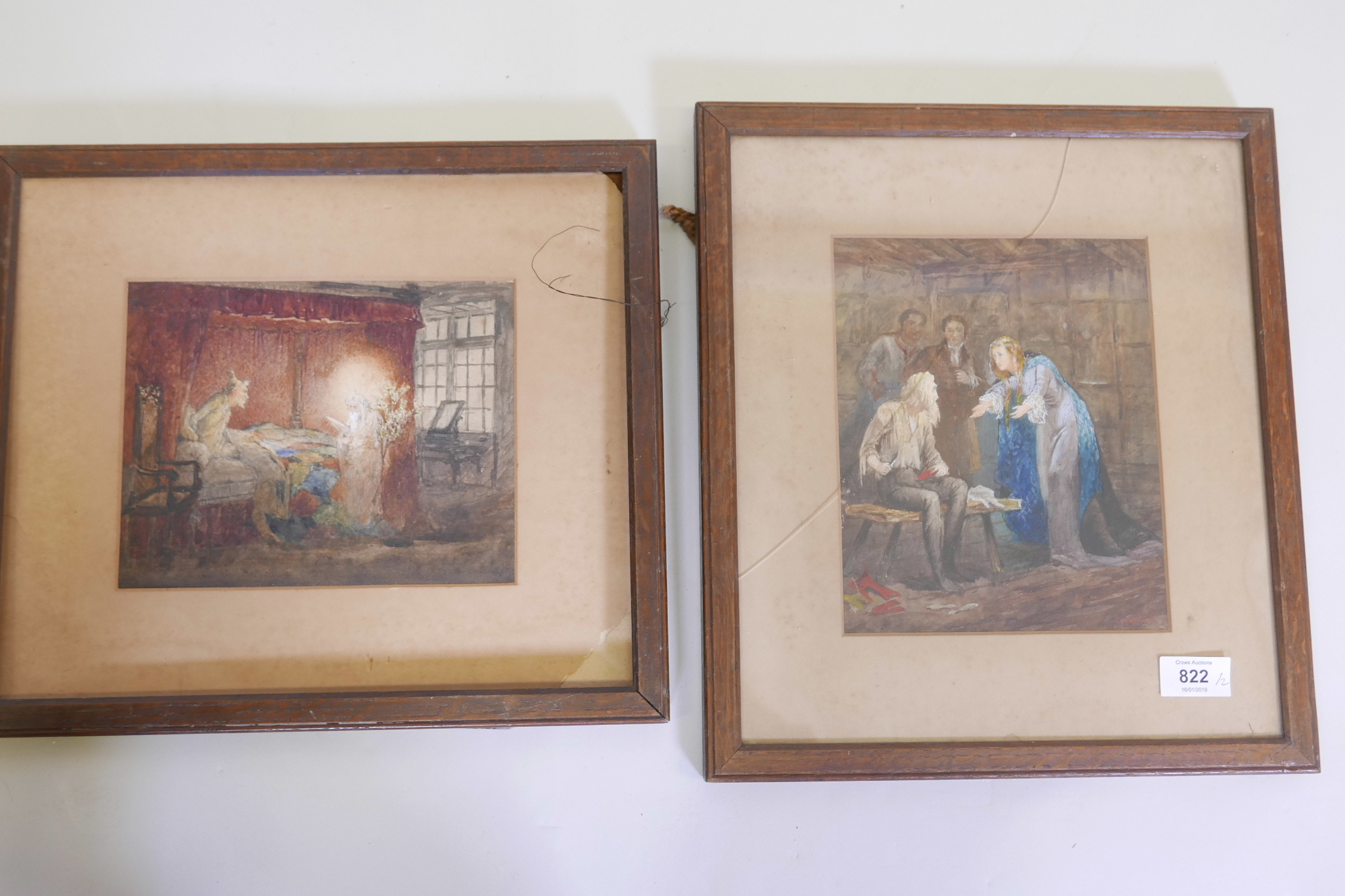A watercolour, interior, possibly a scene from Dickens, and another by the same hand, signed E. - Image 3 of 3