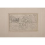 A Pre-Raphaelite style pencil drawing, landscape with figures sowing and ploughing, 8" x 5"