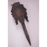 An African carved wood head stake, 16" long
