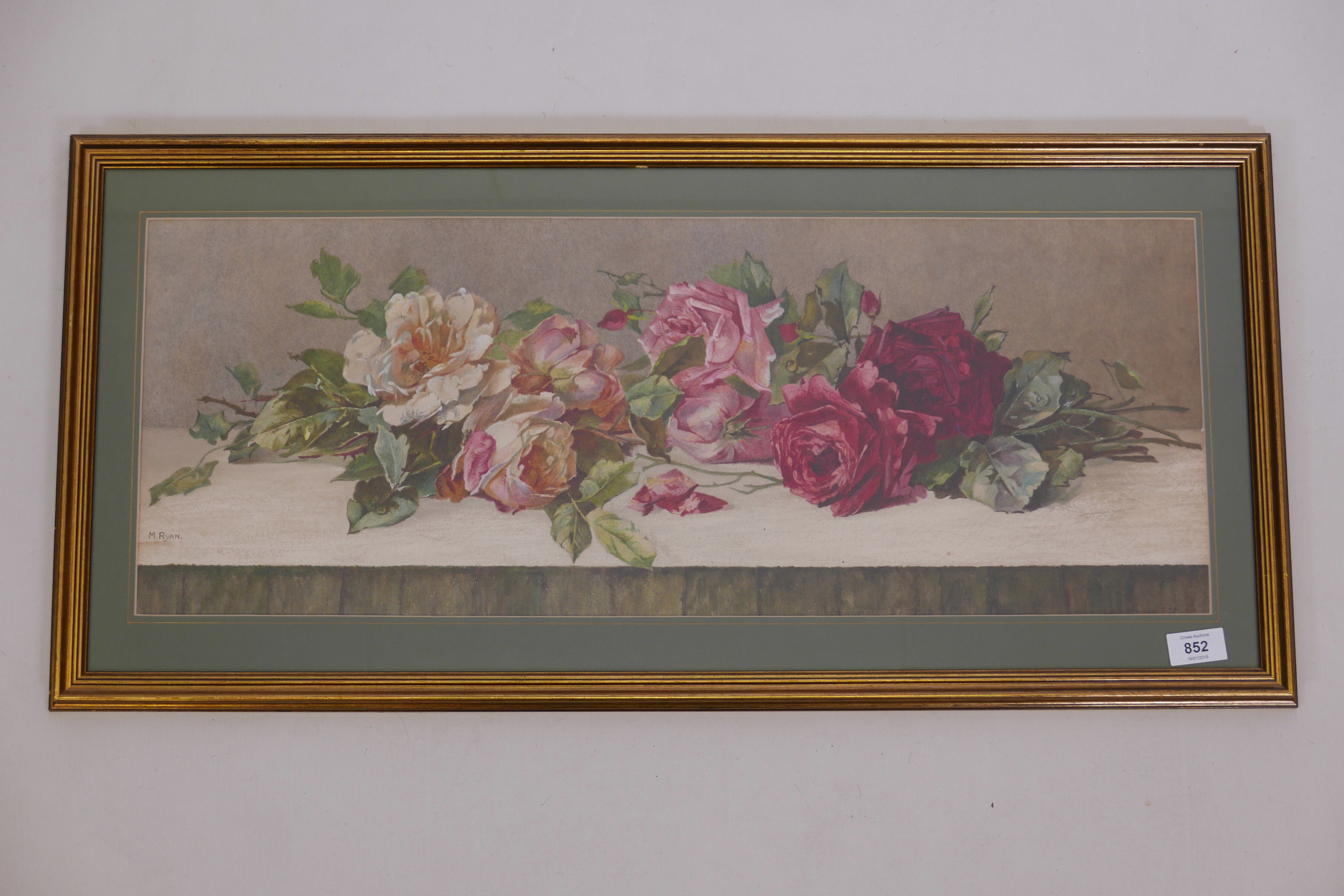 M. Ryan, watercolour, still life, roses, signed indistinctly, in an oval frame, 13" x 11" - Image 2 of 2