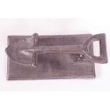 A miner's shovel cast iron door knocker, 6" long