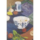 A mid century oil on board, still life, initialled KD, 11½" x 19½"