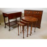 A mahogany two tier drop leaf tea trolley with inlaid end drawers, a two drawer over two door hall