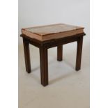 A walnut occasional table, the top in the form of a leather bound box, 19" x 14" x 17"