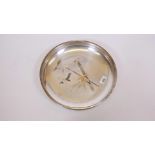 An Oriental silver and gilt plated bowl with engraved bird and bamboo decoration, 12" diameter