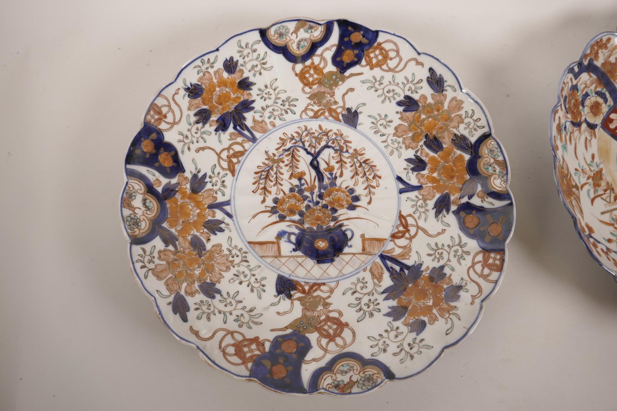Two C19th Japanese Imari dishes, with shaped rims and lobed bodies, 12" diameter - Image 2 of 6