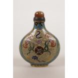 A Chinese cloisonné snuff bottle with bat and pi disc decoration, 3" high