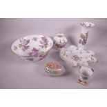 Herend porcelain, a shell shaped dish, 9" long, a pierced egg shaped trinket box and small vase,