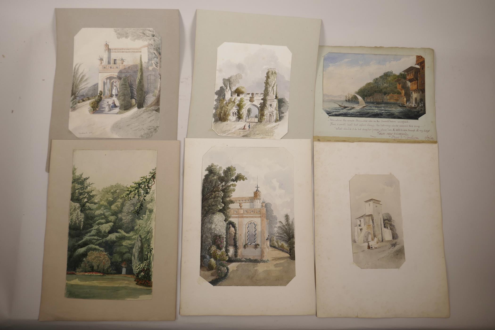 A quantity of unframed C19th and later watercolours, topographical views, the majority inscribed