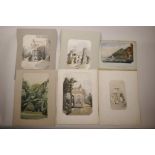 A quantity of unframed C19th and later watercolours, topographical views, the majority inscribed