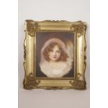 A C19th oil on millboard, head and shoulder portrait of a child with a white lace headscarf, 9½" x