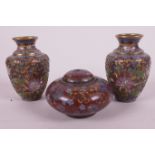 A pair of Oriental small champleve enamelled vases, 3" high, together with a small cloisonné pot and