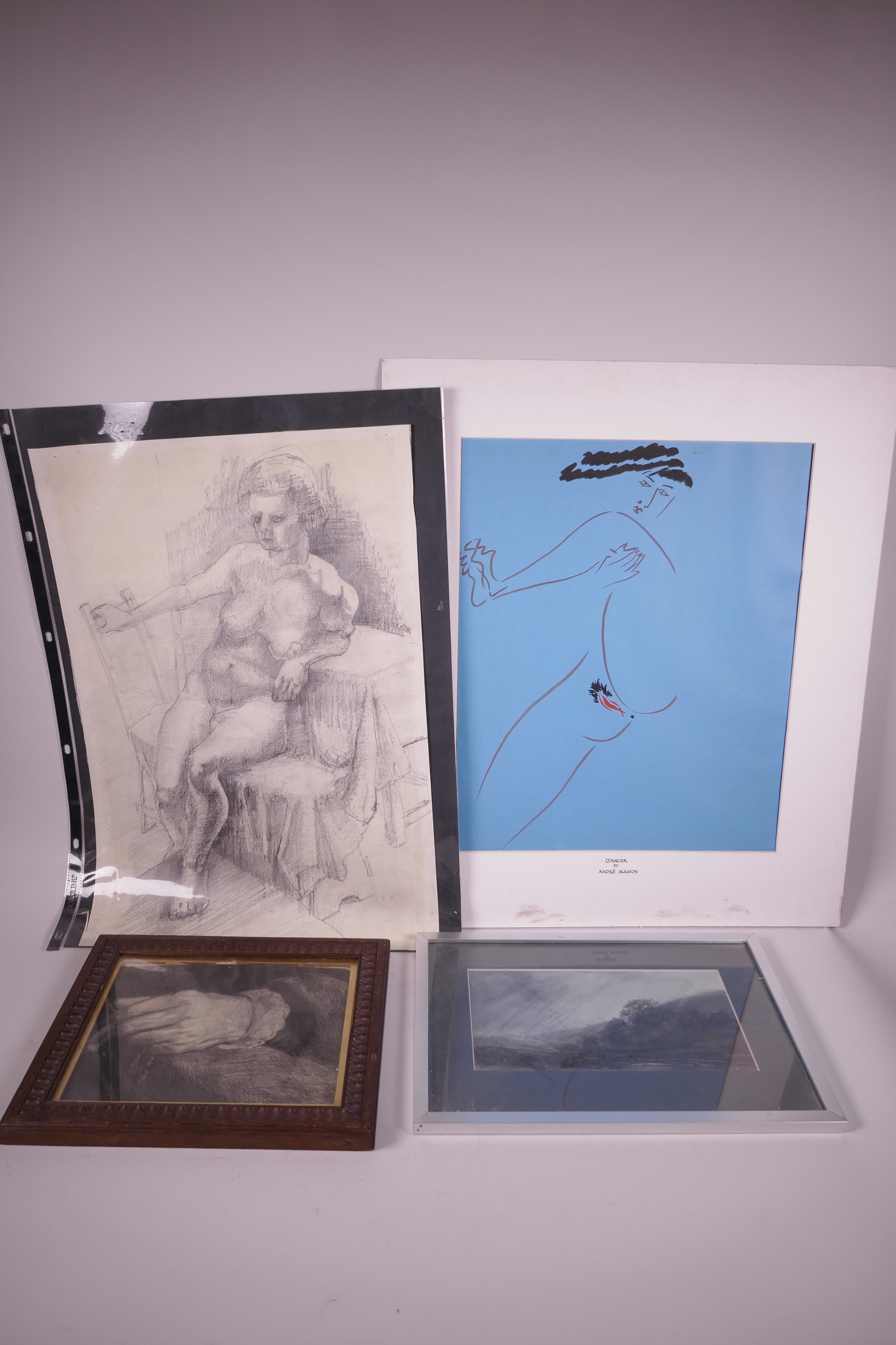 An erotic gouache of a female nude, signed to mount Andre Masson, a pencil study of a nude,