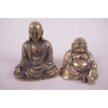 Two heavy cast brass figurines of Buddha seated in meditation, largest 3¼" high