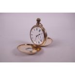 A Waltham 14ct gold plated double half hunter pocket watch, the enamel dial with a smaller
