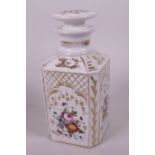 A Continental porcelain perfume decanter painted with sprays of flowers, 7" high