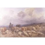 A good watercolour of a drover with his cattle and sheep on a moorland, 23½" x 18"