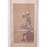 A large Chinese watercolour scroll depicting vases of flowers, 20" x 38"