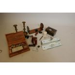 An inlaid olive wood book slide, a Victorian tin, ivory jar and cover etc