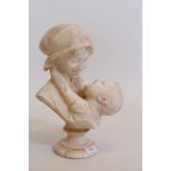A C19th alabaster bust of a mother and child, socle A/F, 15" high