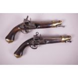 A pair of reproduction Spanish flintlock percussion cap cavalry pistols, 14" long