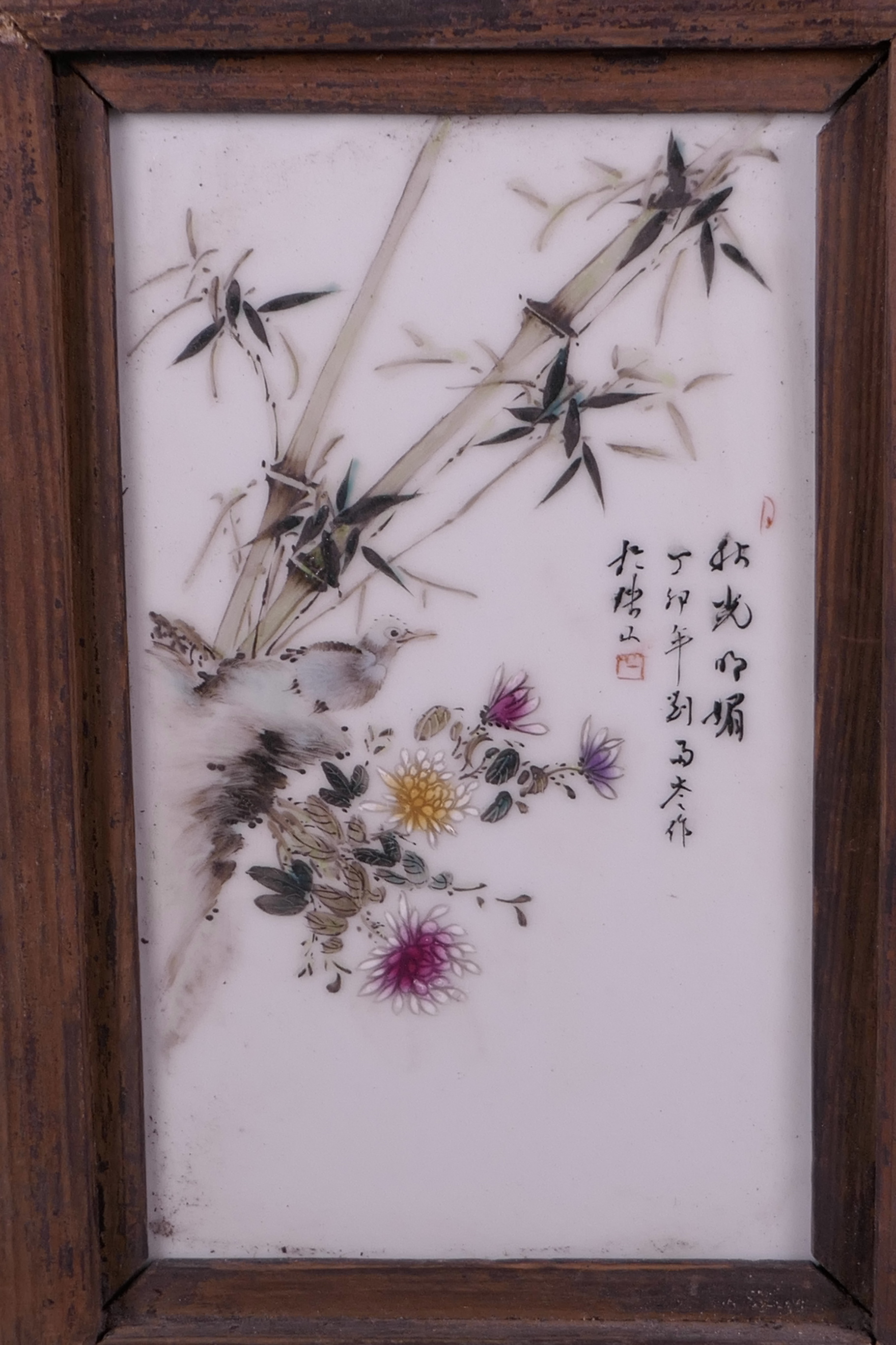 A pair of Chinese hardwood panels set with four polychrome enamelled porcelain panels depicting - Image 4 of 5