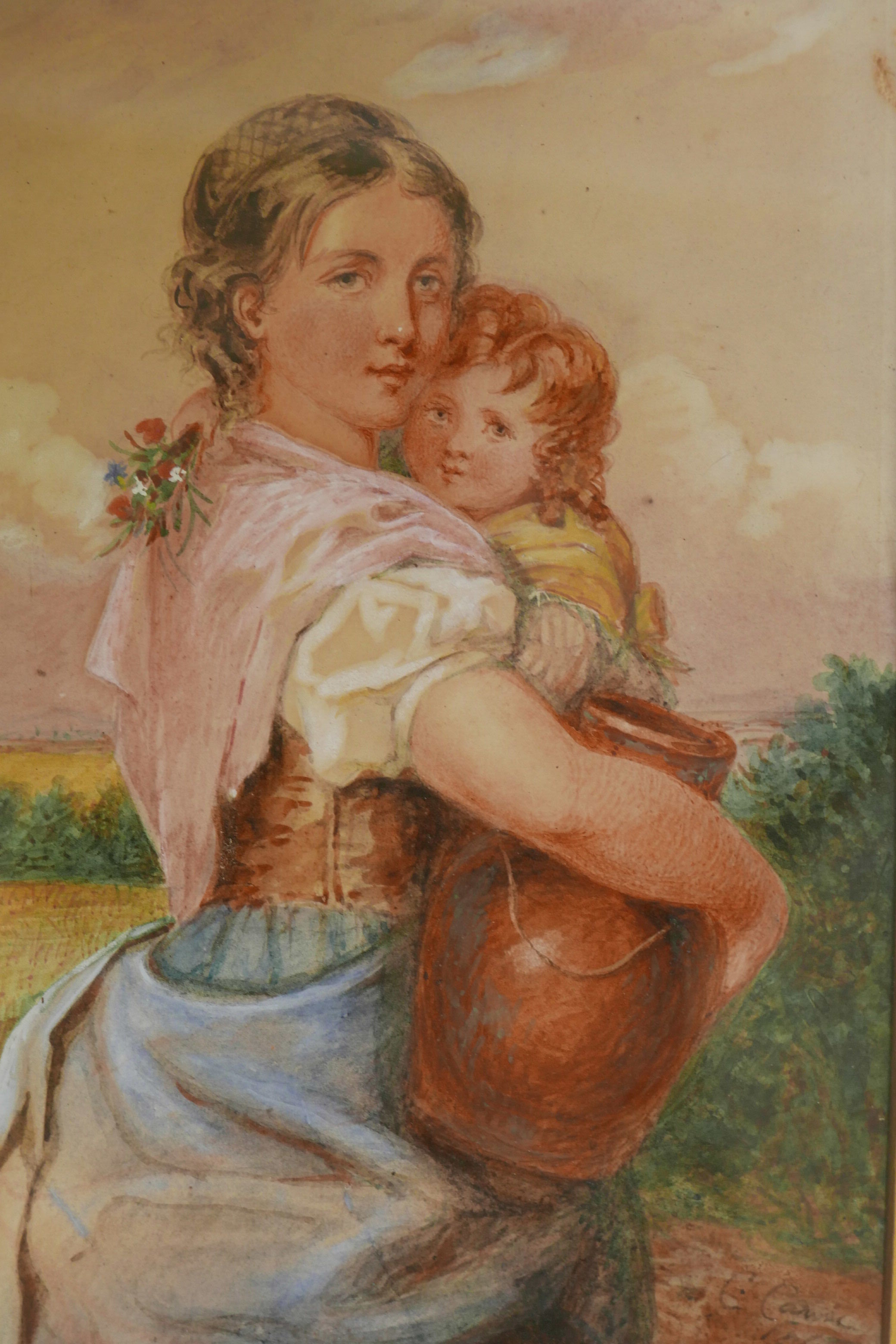 A C19th watercolour, young woman and child, signed indistinctly, C Cawis(?), 1868, 10" x 7"